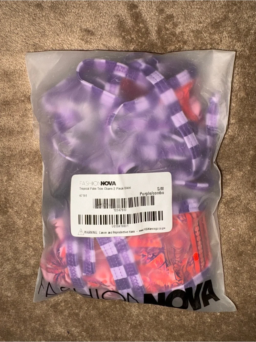 NWT Purple Check & Pink Palm Print Thong Triangle Bikini